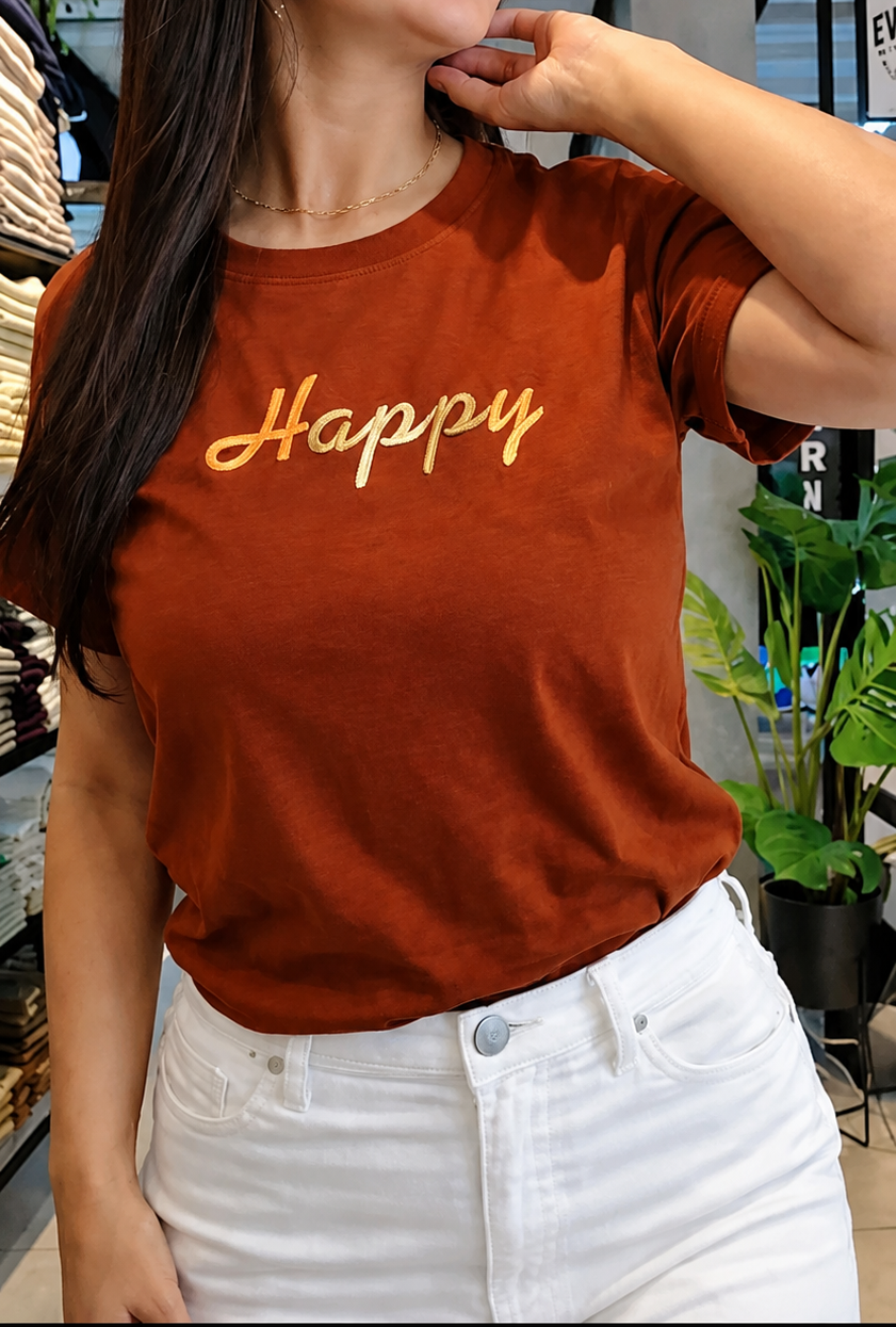 Minimalist Embroidered "Happy" Script Font Tee
